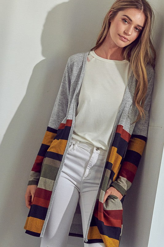 Women's Open Front Brushed Stripe Cardigan with Pockets