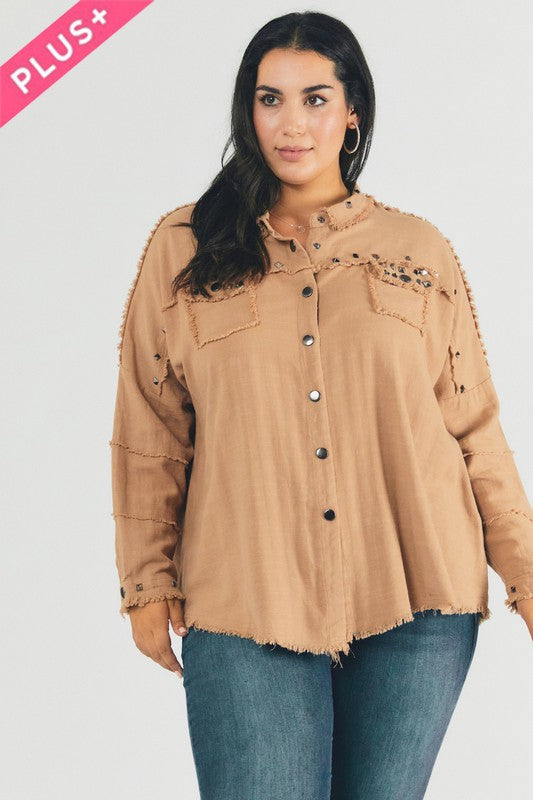 Plus Size Oversized Distressed Hem Button-Down Shirt