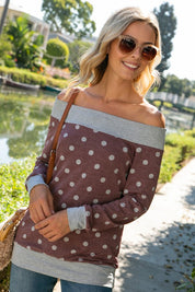 Plus Size Off Shoulder Polka Dot Long Sleeve Top