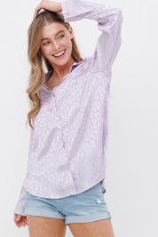 Women's Satin Leopard Print Button Down Top