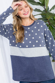 Women's Loose Fit Polka Dot Colorblock Casual Top