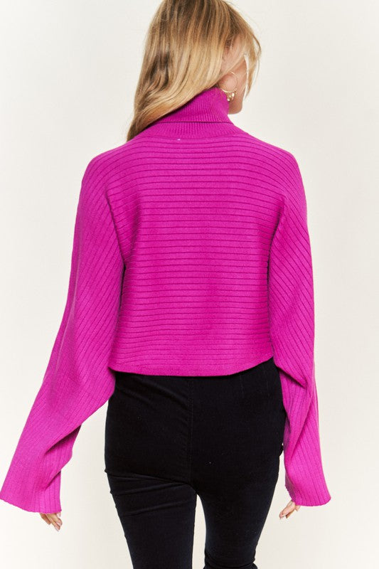 Women's Mock Neck Ribbed Sweater with Wide Sleeves