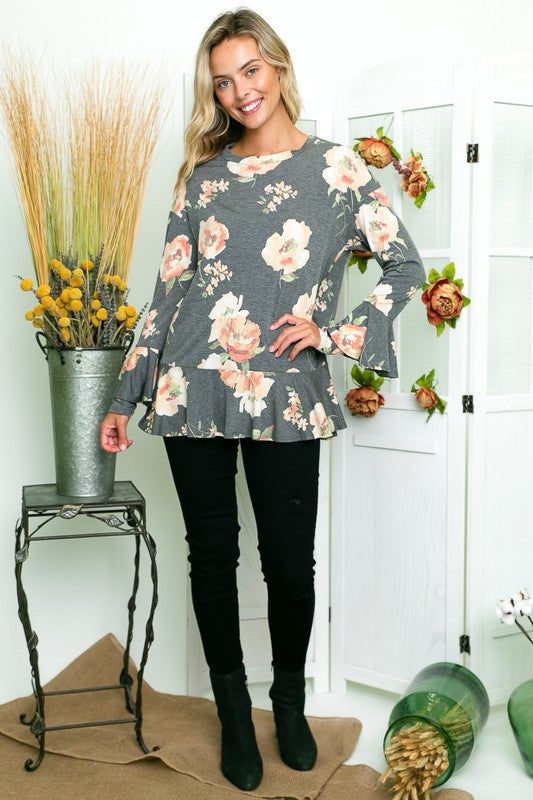 Women's Casual Floral Print Ruffle Tunic Top