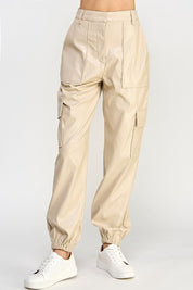 Women's Casual Loose Fit Vegan Leather Cargo Pants