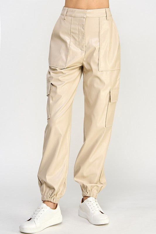 Women's Casual Loose Fit Vegan Leather Cargo Pants