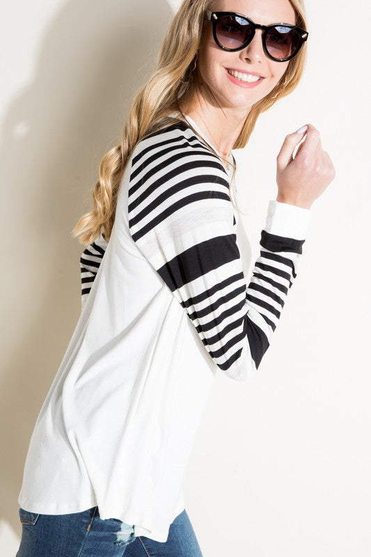 Women's Casual Plus Long Sleeve Stripe Mixed Top