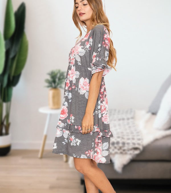 Women's Floral V Neck Ruffle Dress