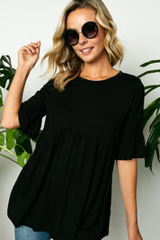 Women's Solid Ruffle Sleeve Loose Fit Top