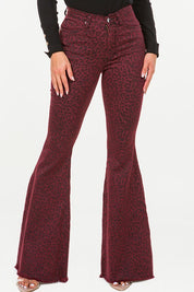 Women's High Rise Leopard Print Bell Bottom Jeans