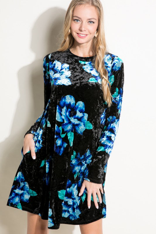 Women's Loose Fit Floral Print Velvet Swing Mini Dress