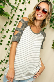 Women's Stripe Camo Ladder Sleeve Top