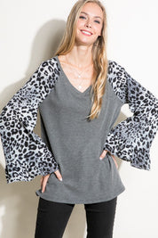 Plus Size Casual V-Neck Cheetah Mixed Blouse Top