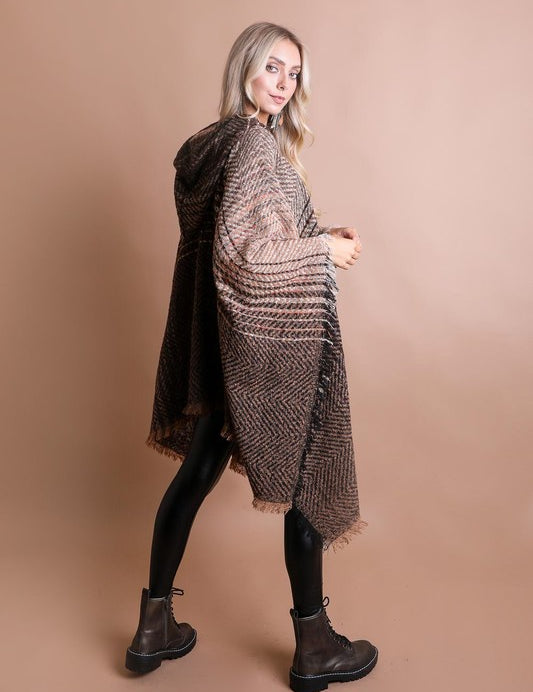 Herringbone Tweed Hooded Frayed Edge Poncho