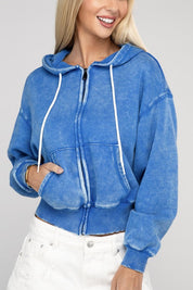 Women's Relaxed Fit Acid Wash Fleece Cropped Zip-Up Hoodie