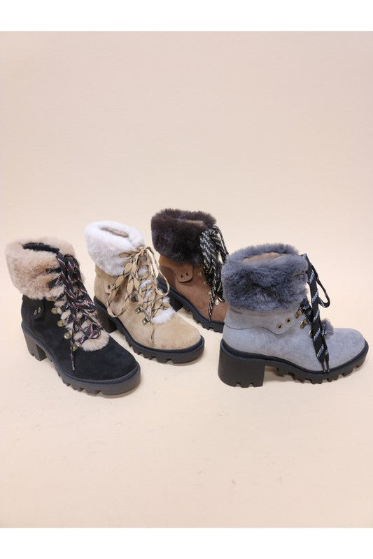 Women's Casual Faux Fur Block Heel Combat Booties