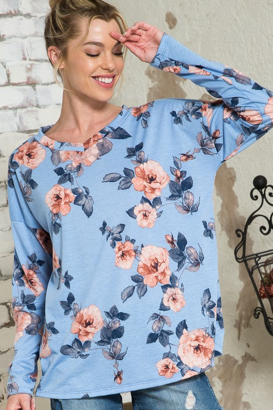 Women's Oversized Floral V Neck Pullover Top