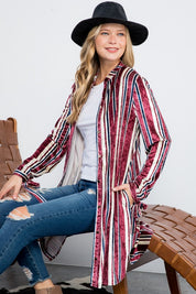 Women's Casual Stripe Velvet Long Cardigan