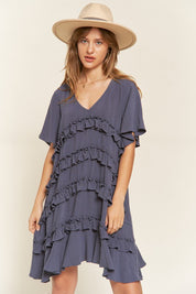 Women's Tiered Ruffle Mini Dress with Flare Sleeves