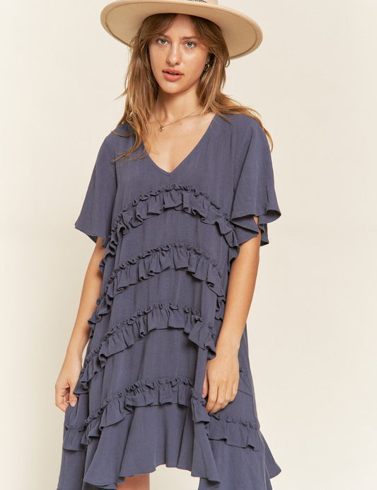 Women's Tiered Ruffle Mini Dress with Flare Sleeves