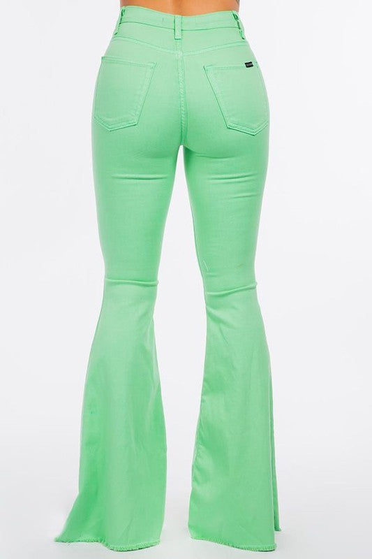 Women's High Waist Lime Green Bell Bottom Jeans