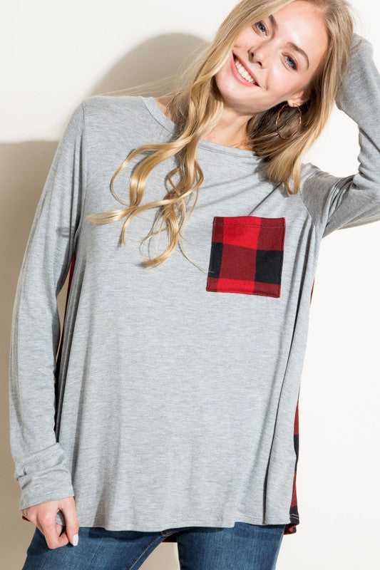 Women's Loose Fit Solid and Plaid Long Sleeve Top