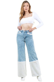 Women's High Rise Wide Leg Jeans with Sherpa Details