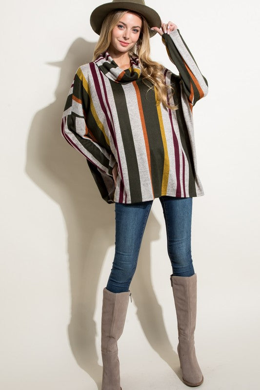 Women's Oversized Multi Stripe Turtle Neck Long Sleeve Top