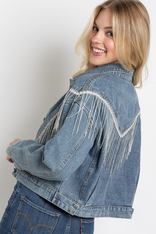 Women's Loose Fit Crop Denim Jacket with Rhinestone Fringe