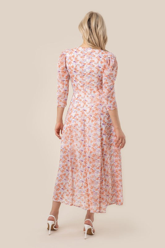 Women's Floral Print V Neck Chiffon Maxi Dress