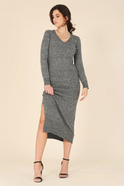 Women's Fitted V-Neck Sweater Maxi Dress