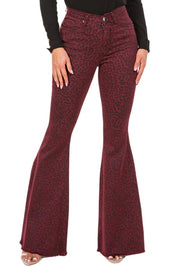 Women's Burgundy Leopard Print Bell Bottom Jeans