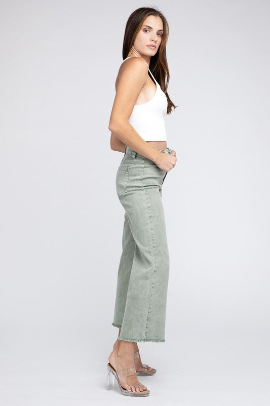 Women's Acid Wash Frayed Hem Wide Leg Pants