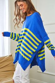 Women's Loose Fit Multi-Striped Elbow Patch Sweater Top