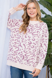 Women's Loose Fit Leopard Print Round Neck Pullover Sweater