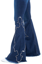 Women's High Rise Bell Bottom Jeans with Studded Details