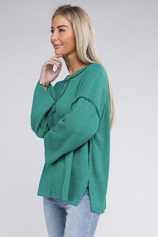 Women's Casual Ribbed Henley Sweater with Bell Sleeves