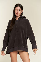 Women's Ribbed Hooded Long Sleeve Sweatshirt