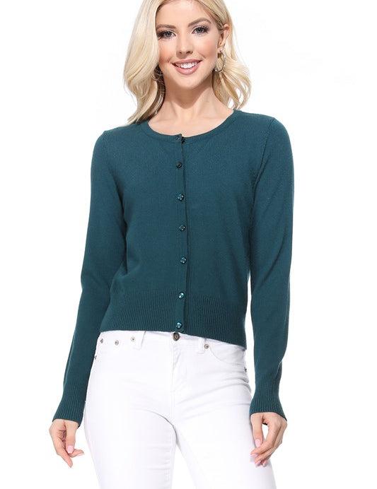 Gem Button Crew Neck Long Sleeve Sweater Cardigan