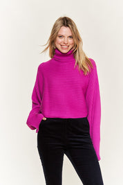 Women's Mock Neck Ribbed Sweater with Wide Sleeves