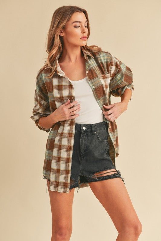 Women's Oversized Flannel Shirt with Patchwork Design