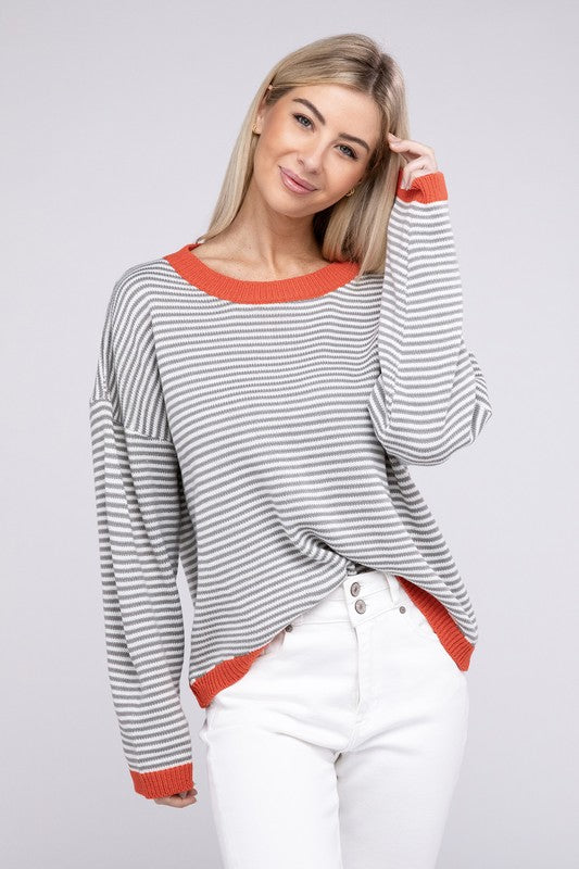 Women's Contrast Trimmed Striped Pullover Knit