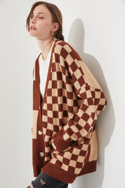 Women's Checkered Oversized Sweater with Button Closure