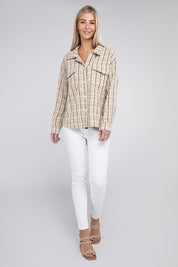 Women's Plaid Tweed Shacket with Drop Shoulder Sleeves