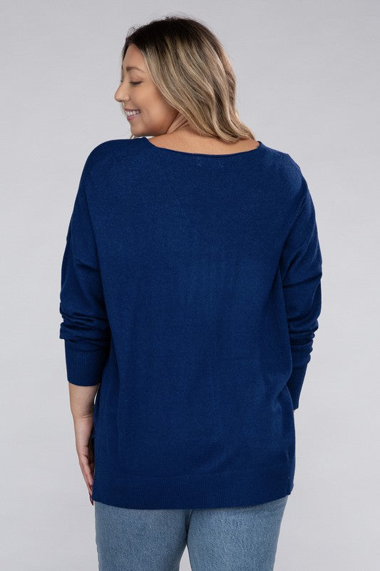 Women's Plus Oversized V-Neck Garment Dyed Sweater