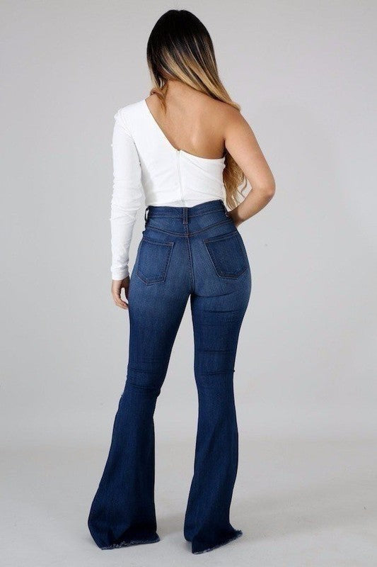 Women's High Rise Bell Bottom Jeans with Ripped Detail