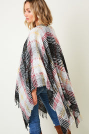 Women's Casual Multi Color Plaid Fringe Trim Poncho Shawl