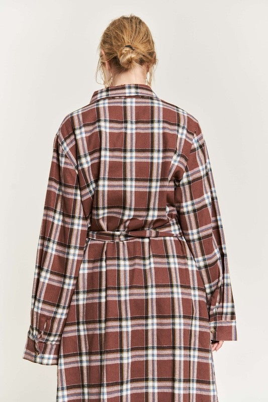 Women's Belted Plaid Print Long Shirt Dress