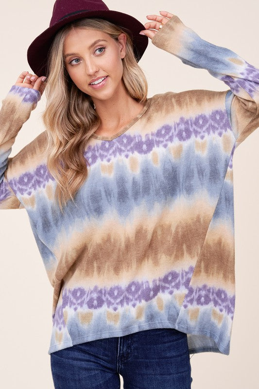 Women's Casual Loose Fit Tie Dye V Neck Boxy Top