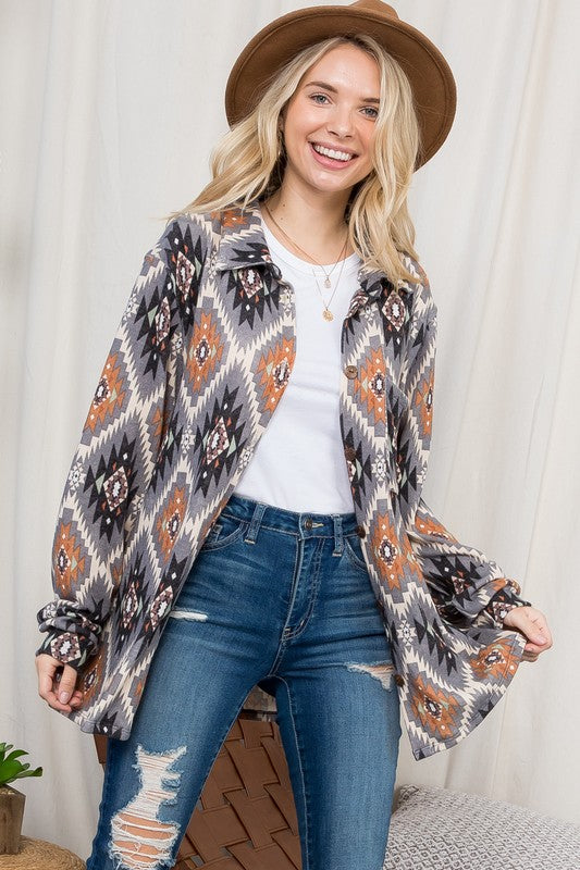 Women's Plus Oversized Fuzzy Aztec Button Down Shacket