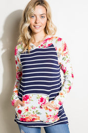 Women's Casual Stripe Floral Mix Hoodie Top